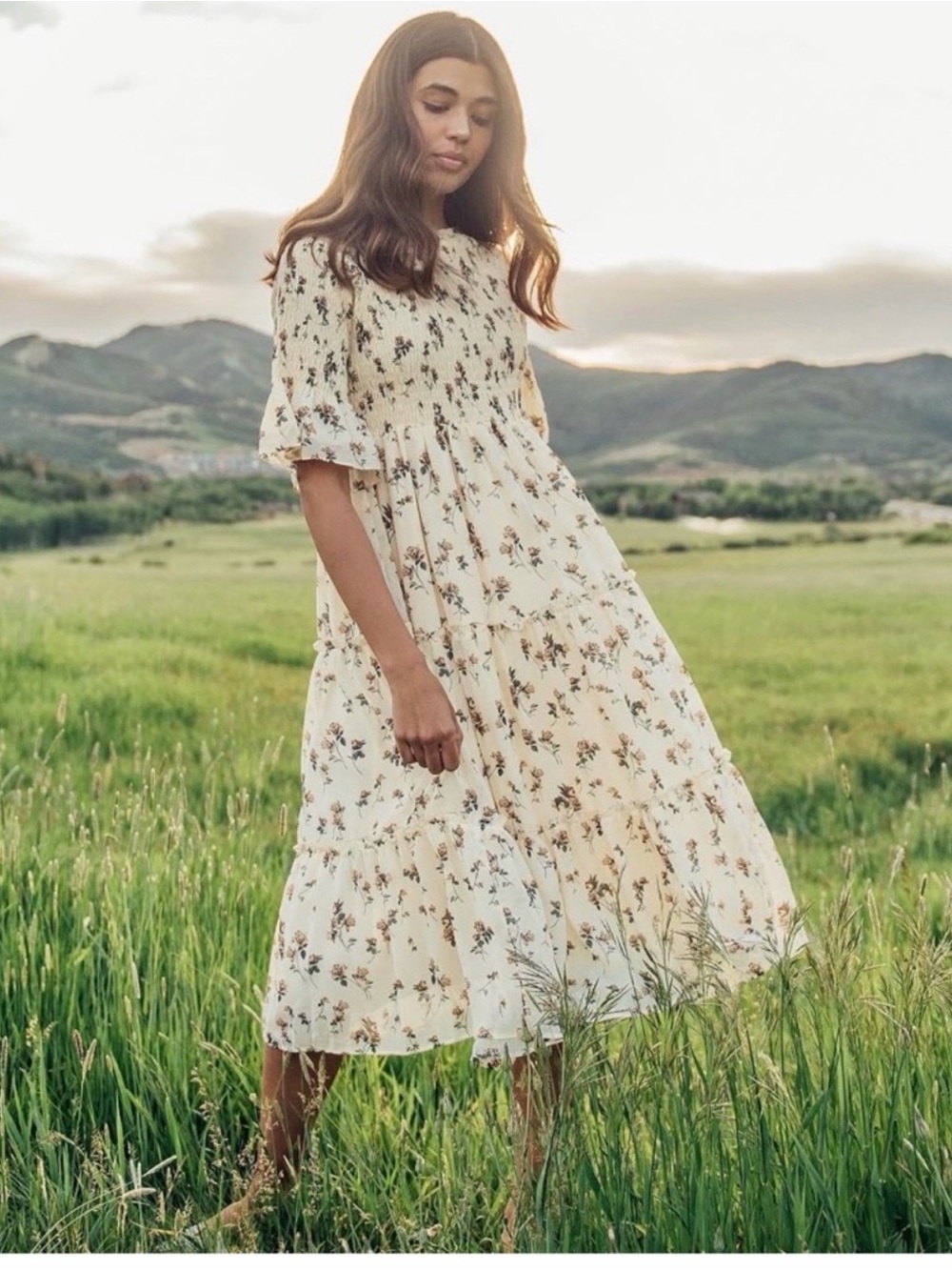 Jessakae Cream Floral Tiered Midi Dress - Women